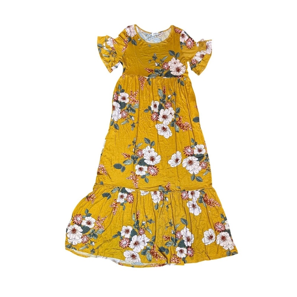 Hailey & Co Women Large Mustard Floral Tiered Maxi Dress Flutter Sleeve MHD4167